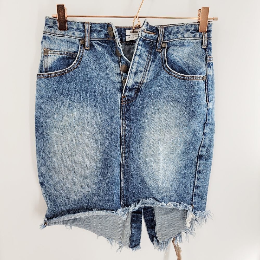 One teaspoon distressed hi lo hem button fly denim skirt